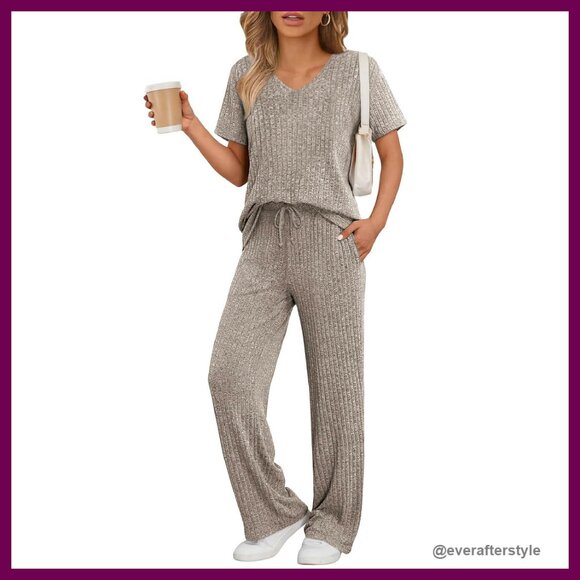 Ribbed Knit Pajama Set Lounge Wear Soft Elastic Casual Chic Comfort